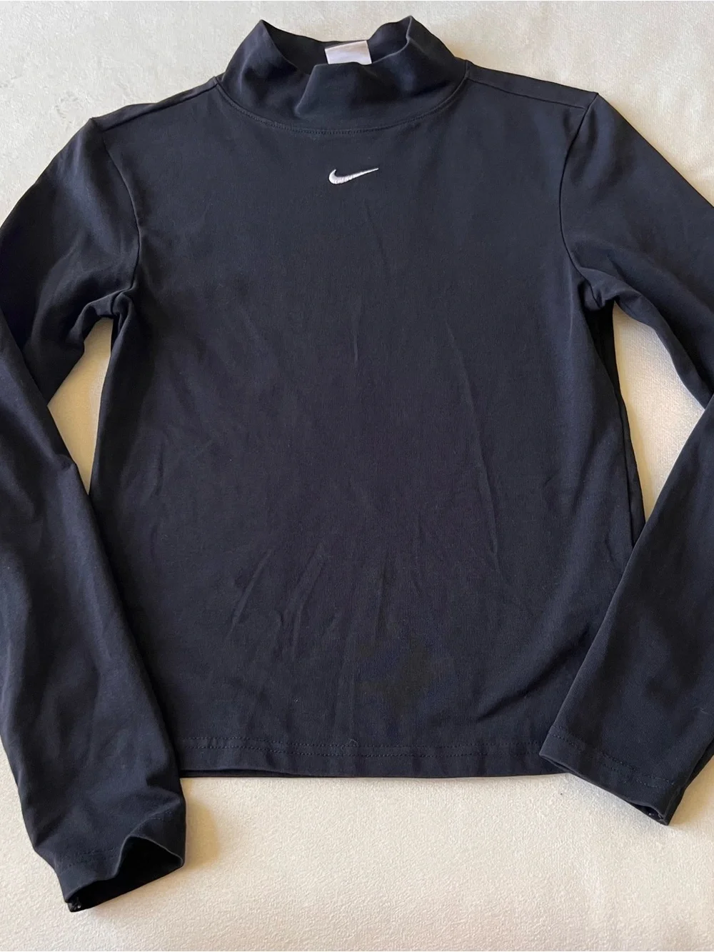 Nike Black Mock Neck Long Sleeve Top with White Swoosh Center Logo Athlete